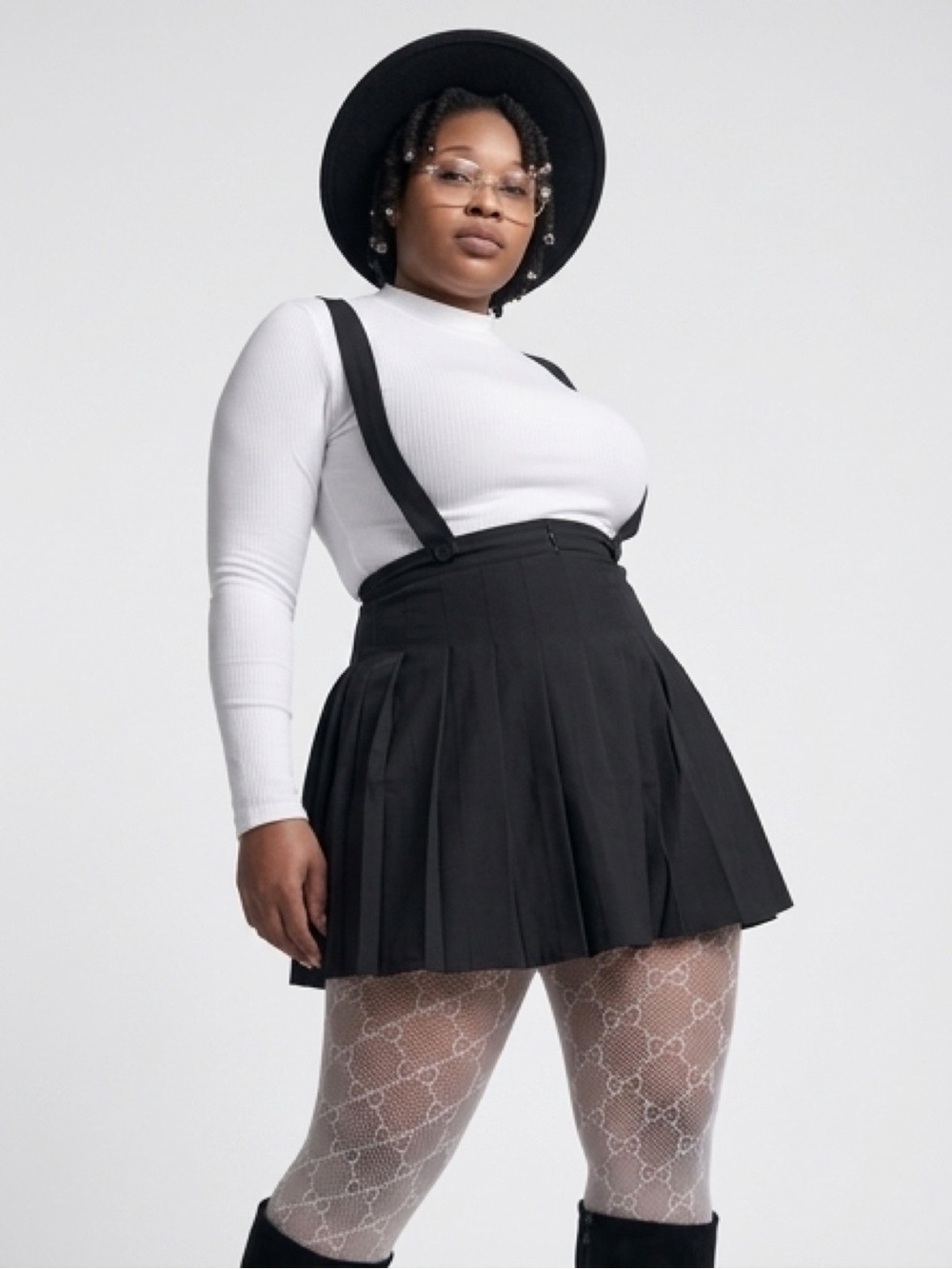 Black Pleated Suspender Skirt with White Ribbed Top